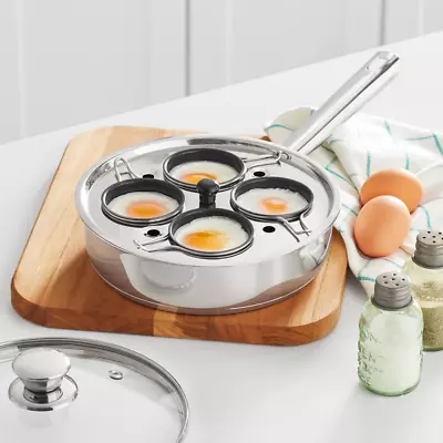 EGG POACHER PAN Stainless Steel 8-Inch 4-Cup With Glass Lid • $25.02