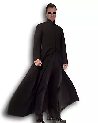 Mens Cybe Man Costume Neo Black Trench Coat Robe Glasses Matrix Fancy Dress  • £18.97