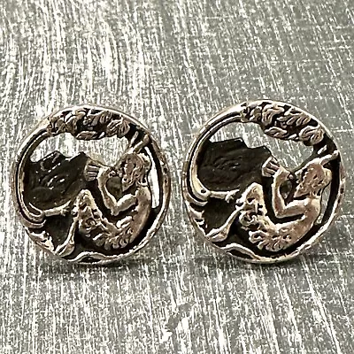 Vintage PAN Signed Cufflinks Silver Tone Satyr Playing Flute Mythological Heavy • $55