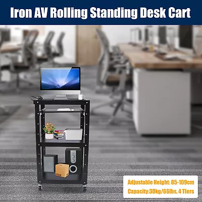 Metal AV Cart Media Cart Rolling Standing Desk On Wheels With Power Strip • $128.26