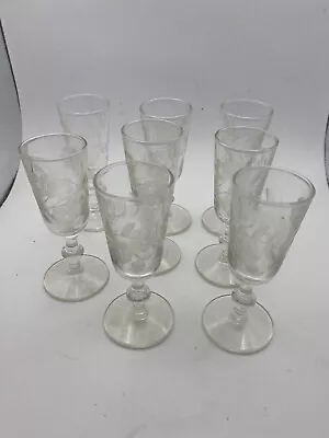 Vintage Set Of 8 Etched Crystal Sherry/Cordial Glasses  4 1/8  • $21.75