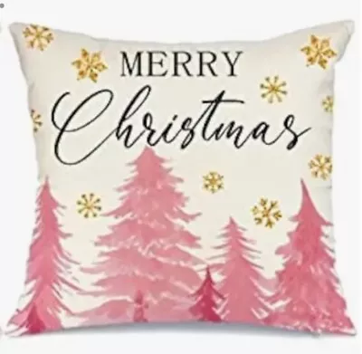 MERRY CHRISTMAS TREES PINK Christmas Linen Throw Pillow Cover Holiday Home Decor • $13.08