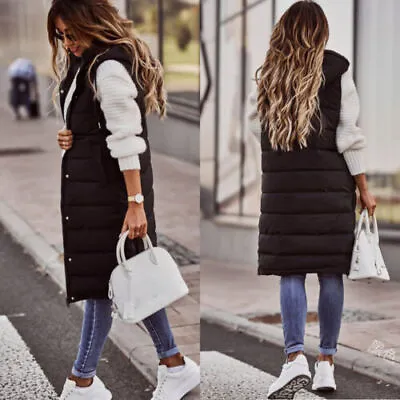 Womens Ladies Long Line Hooded Puffer Gilet Jacket Padded Vest Body Warmer Top • £22.47