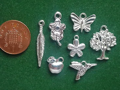 7 Mixed Nature Charms - Bright Silver - Garden Tree Butterfly Flower Bird Apple • £2.80