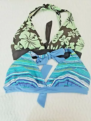 Lot Of 2 Tropical Escape Halter Bikini Tops Brown/ Green & Blue /White • £14.41