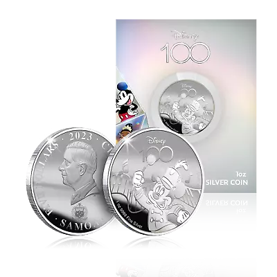 MICKEY MOUSE Disney 100 Magical Years 1 Oz Silver Coin 5$ Samoa 2023 In Card • $115