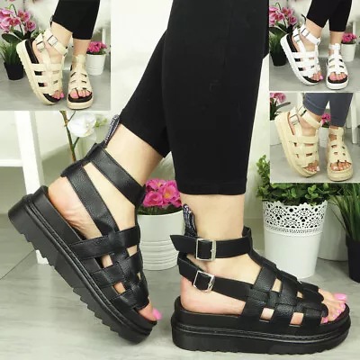 Ladies Gladiator Sandals Womens  Flatform Strappy Summer Buckle Comfy Shoes Size • £21.90