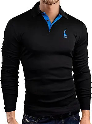 Mens Polo Shirt Stretchable Slim Fit Top Long Sleeve Contrast Colours  PL17 • £11.99