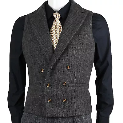 Men Double Breasted Tweed Vest Herringbone Waistcoat Wedding Vintage Wool Lined • $16.95