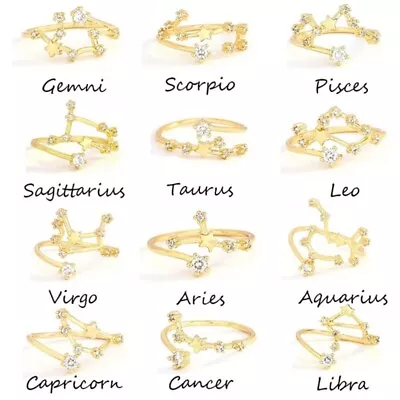 Horoscope Gold PLATED ADJUSTABLE OPEN STAR SIGN ZODIAC CRYSTAL RING Women UK • £3.99