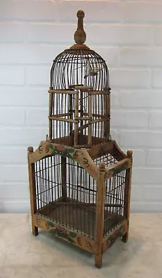 Vintage Bird Cage With Dome Wood / Wire Victorian Design Tray - Tramp Art? • $92