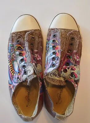 Ed Hardy Women's Sneakers Size 9 Skull Snake Flower Slip Ons Laceless 18FLR408W • $29.99