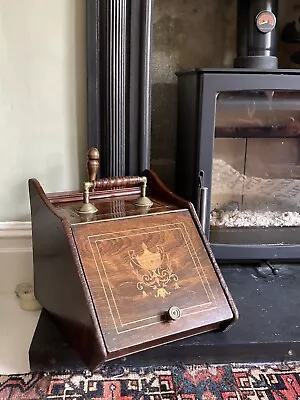 Antique Victorian Rosewood Inlaid Coal Box Scuttle With Liner & Shovel Fireside • £80