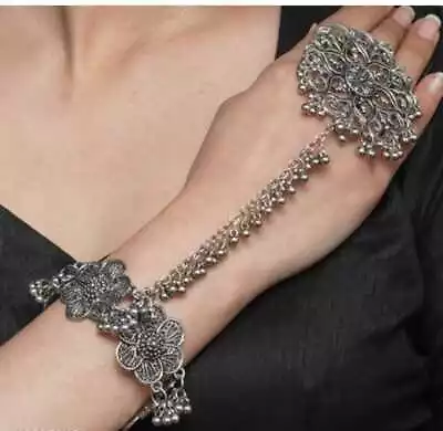 £14.39 • Buy Indian Style Silver Oxidized Bracelet With Long Chain Connected Finger Ring  