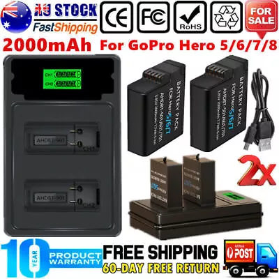 2x 2000mAh Rechargeable Battery & LCD Dual Charger For GoPro Hero 5 6 7 8 Black • $47.99
