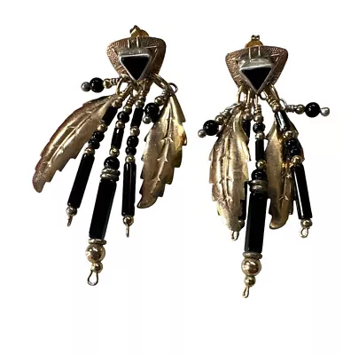 Tabra Earrings Vintage Black Onyx Gold Plated Dangle Drop Ethnic Floral Leaf • $274.50