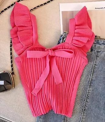 Boutique Womens Size Large Hot Pink Ruffle Straps Knit Ribbed Crop Top Bow NWOT • $8.75