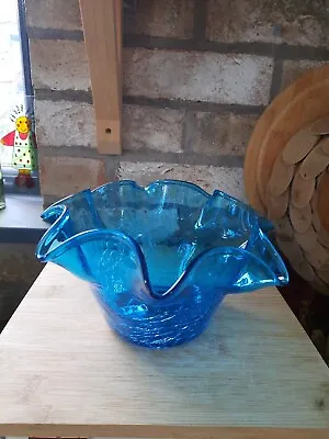 Crackle Glass Ruffle Neck Rim Bowl Turquoise • £7.99