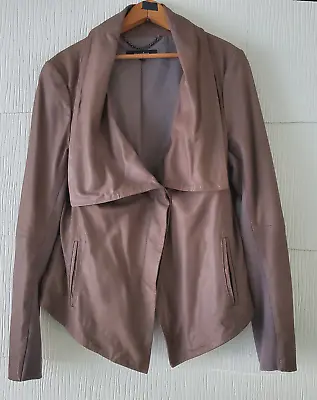Muubaa Drape Shawl Collar Truffle Brown Leather Jacket Sz US 12 2010s Fall Boho • $115