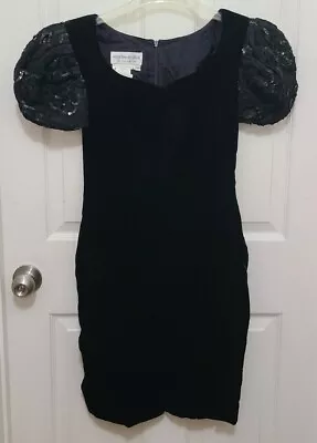 Vintage Morton Myles Sequin Puff Sleeve Black Velvet Cocktail Dress Sz 2 Petite • $35