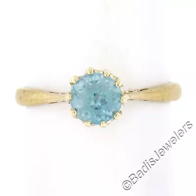 Antique 9ct Yellow Gold 5.6mm Old Mine Cut Blue Zircon Solitaire Band Ring • $239.20