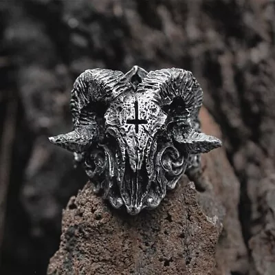 Gothic Goat Horn Skull Cross Ring Stainless Steel Punk Mens Biker Jewelry Gifts • $2.87