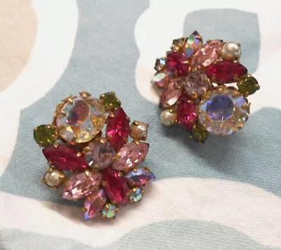 Vintage Auraborealis Austrian Crystal Clip Earrings Made In Austria • $95