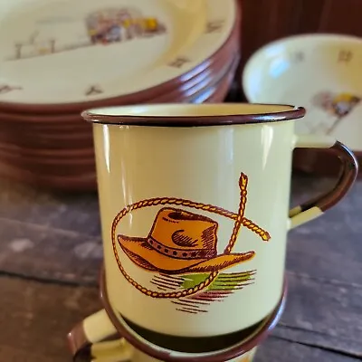 MONTERREY WESTERN WARE ENAMEL CUP MUG COWBOY HAT LASSO Yellowstone -ish Vintage • $17.50