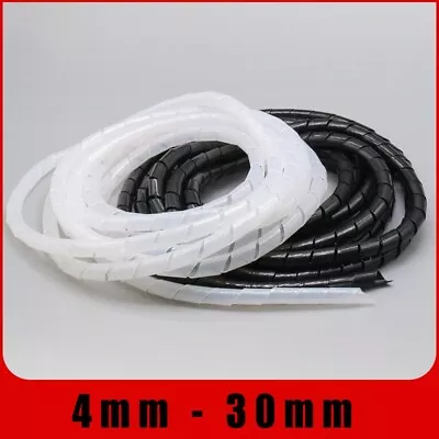 PE Spiral Wrap Black White Flexible Cable Tidy Tube Trunking Wire Management • £5.35