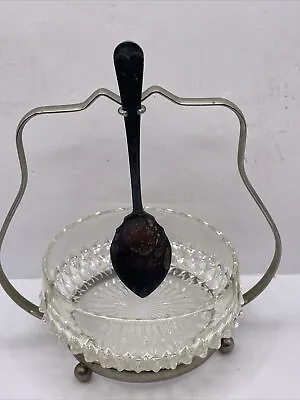 Vintage Clear Cut Glass Sugar Bowl With Spoon & Silver Plated Metal Footed Stand • $19.95