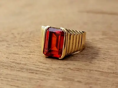 Solid 14k Real Yellow Gold 6.25ct Emerald Cut Natural Red Ruby Mens Ring • $1593.74