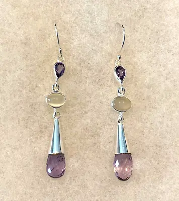 Sajen Amethyst Briolette Earrings With Moonstones  2  1/2 In. Long - 5.4 Grams • $54