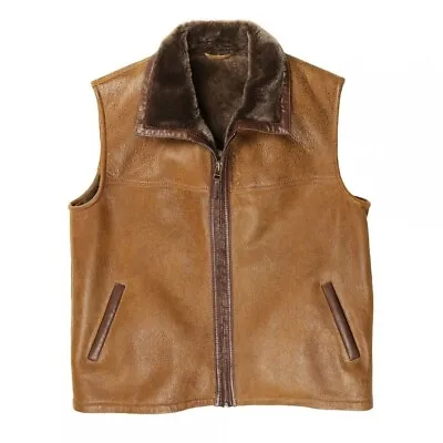 Brown Aviator Flaying Shearling Bomber Real Sheepskin Leather Fur Vest For Men's • $141.09