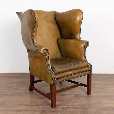 Vintage Olive Green Leather Wingback Armchair Denmark Circa 1960 • $3150