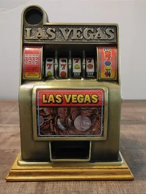 Vintage 13   Las Vegas Nevada Metal Slot Machine/ Bank With Oak Base ** Works • $65