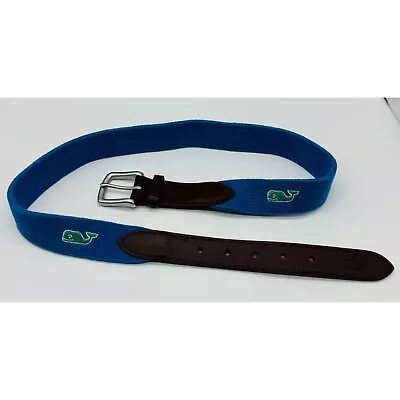 Vineyard Vines Whale Canvas Leather Belt - Brass Buckle Blue Green Size 34 • $24