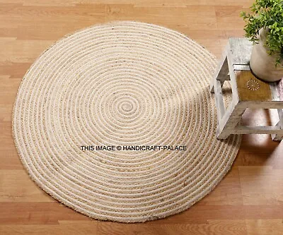 Fair Trade Jute & Cotton Braided Natural Round Indian Reversible Rag Rug 97 CM • £39.59