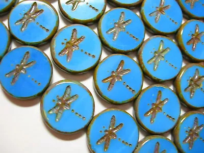 8 17mm Czech Glass Sky Blue Picasso Dragonfly Coin Beads • $8.99