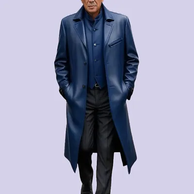 Men Designer Biker Coat Motorcycle Leather Coat Long Blue Stylish Long Coat • $161.99