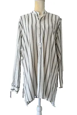 ZARA Women's White Gray Stripes Linen Blend Button Tunic Top Relaxed Fit Size L • $17.99