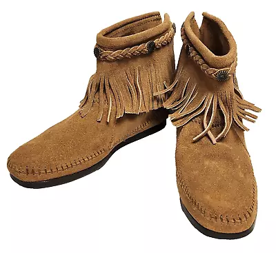 NWOB Minnetonka Suede Fringe High Top Moccasins Concho Braided Zipper Boots 7 • $38