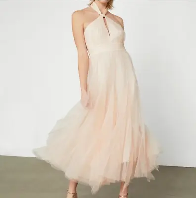 Bcbg Max Azria Beige Blush Tulle Tie Neck Party Formal Gown Dress Nwt 6 • $131.24