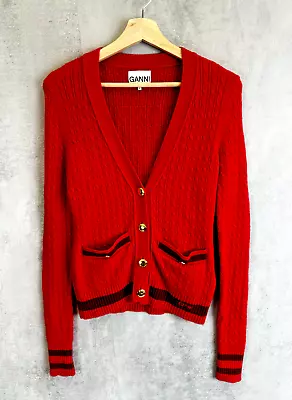 Ganni Cable Knit Cardigan Size Small Red Cashmere Mix Preppy V-Neck Logo • £57.20