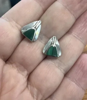 Vintage Triangle Malachite Modernist Sterling Silver Stud Earrings • $27.50