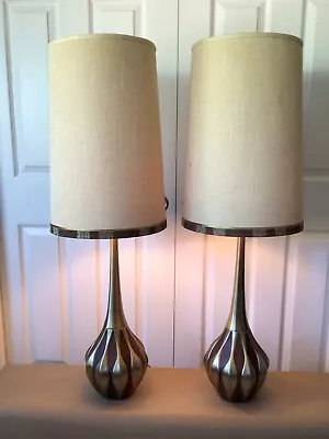 Mcm Laurel Cast Brass Walnut Atomic Danish Retro 40” Table Lamps Original Shades • $749