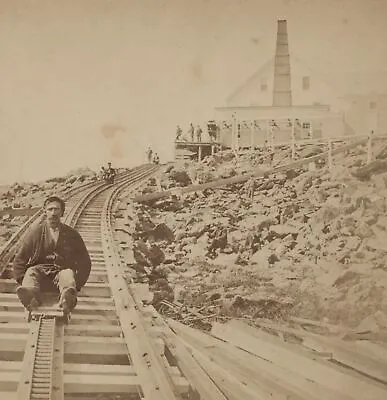 Workman Sliding Down Mt. Washington Cog Railway NH Stereoview C1870 • $20