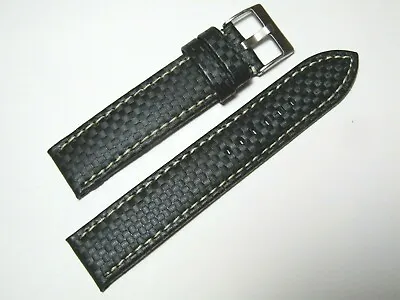 20mm Hadley-Roma MS847 Black Carbon Fiber Leather White Stitch Watch Band Strap • $21.20