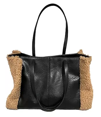 Decjuba Handbag Black Faux Leather Tan Teddy Boucle Sides Winter Bag Tote  • $49.99