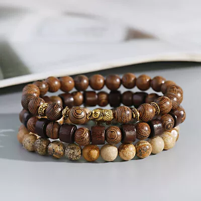 3Pcs Natural Wooden Beaded Bracelets Set Jewelry Gifts For Men Women • $8.98