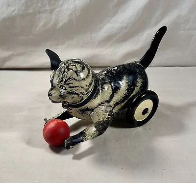 🚨VINTAGE 1930's Marx TIN Litho Friction Black TABBY CAT With BALL~ Works Great • $34.49